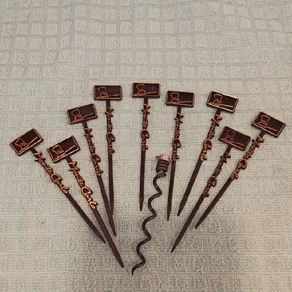 Vintage Monte Carlo Cocktail Skers/Picks Bareware Black And Gold